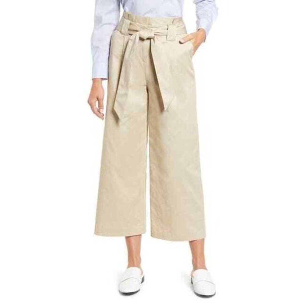 Halogen Tan Oxford Paperbag Belted Wide Leg Cropped Pants  SZ 14 New